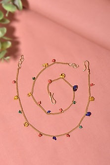 Gold Finish Multi-Colored Stone Anklets (Set Of 2)