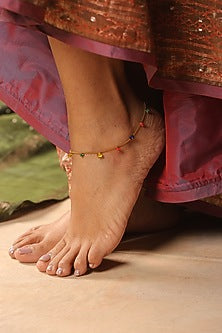 Gold Finish Multi-Colored Stone Anklets (Set Of 2)