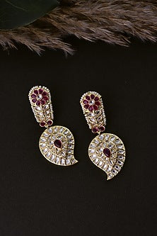 Gold Finish Red Kundan Polki Handcrafted Dangler Earrings