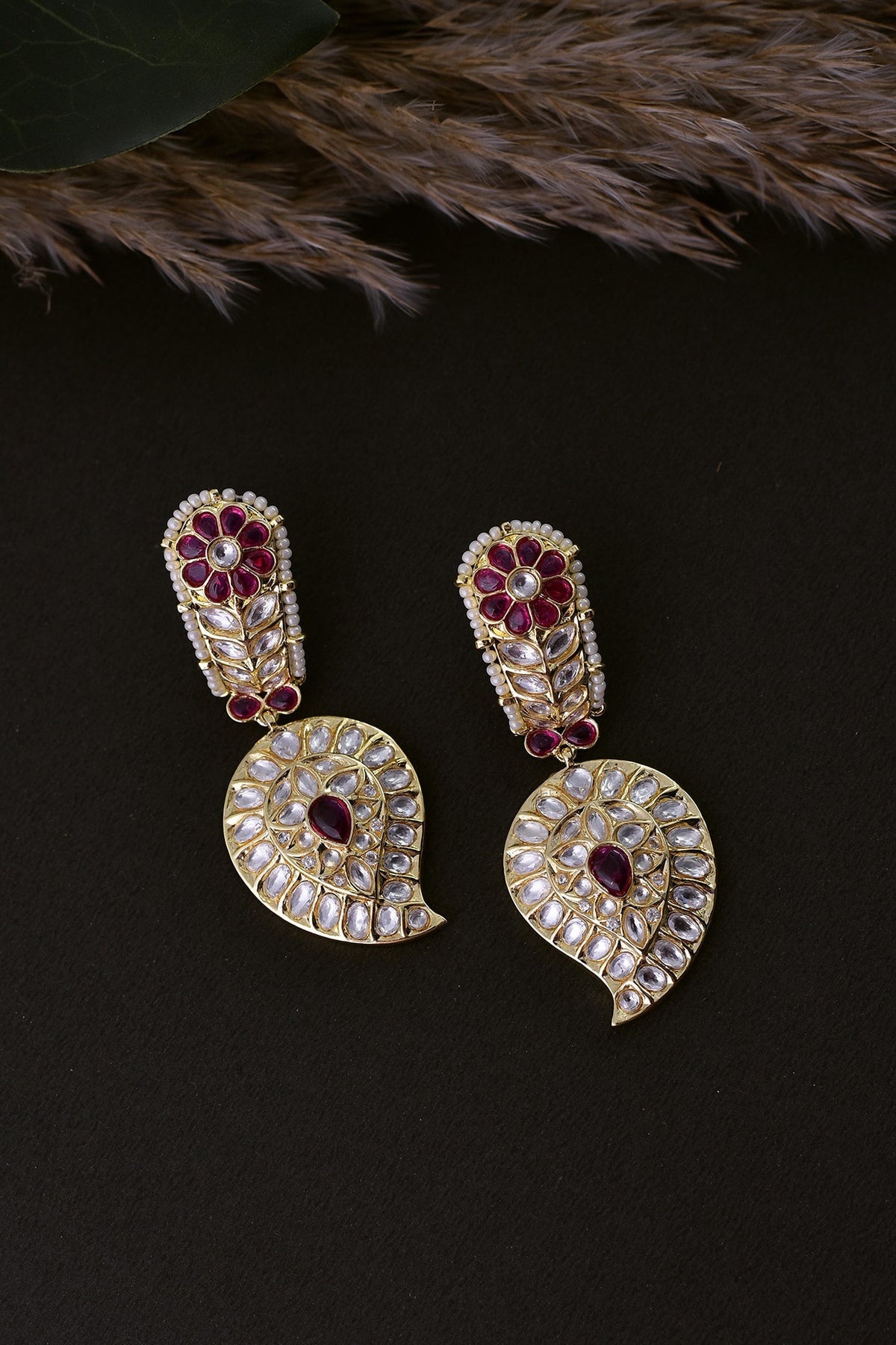 Gold Finish Red Kundan Polki Handcrafted Dangler Earrings