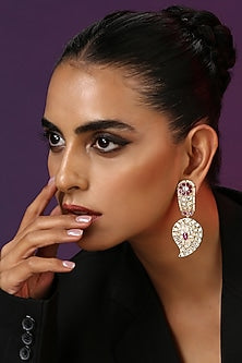 Gold Finish Red Kundan Polki Handcrafted Dangler Earrings