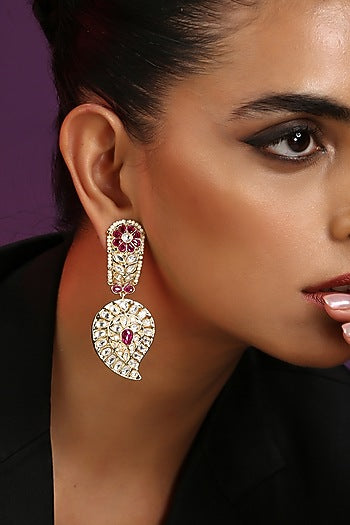 Gold Finish Red Kundan Polki Handcrafted Dangler Earrings