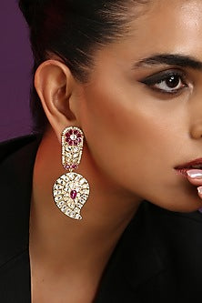 Gold Finish Red Kundan Polki Handcrafted Dangler Earrings
