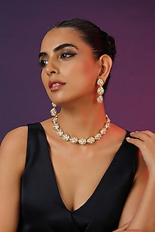 Gold Finish Kundan Polki Handcrafted Necklace Set