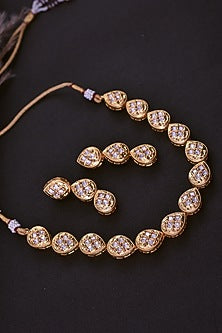 Gold Finish Kundan Polki Handcrafted Necklace Set