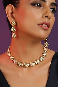 Gold Finish Kundan Polki Handcrafted Necklace Set