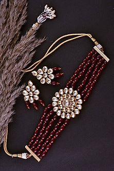 Gold Finish Red Kundan Polki Handcrafted Choker Necklace Set
