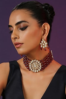 Gold Finish Red Kundan Polki Handcrafted Choker Necklace Set