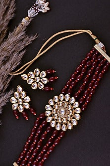 Gold Finish Red Kundan Polki Handcrafted Choker Necklace Set