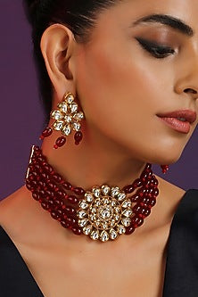 Gold Finish Red Kundan Polki Handcrafted Choker Necklace Set