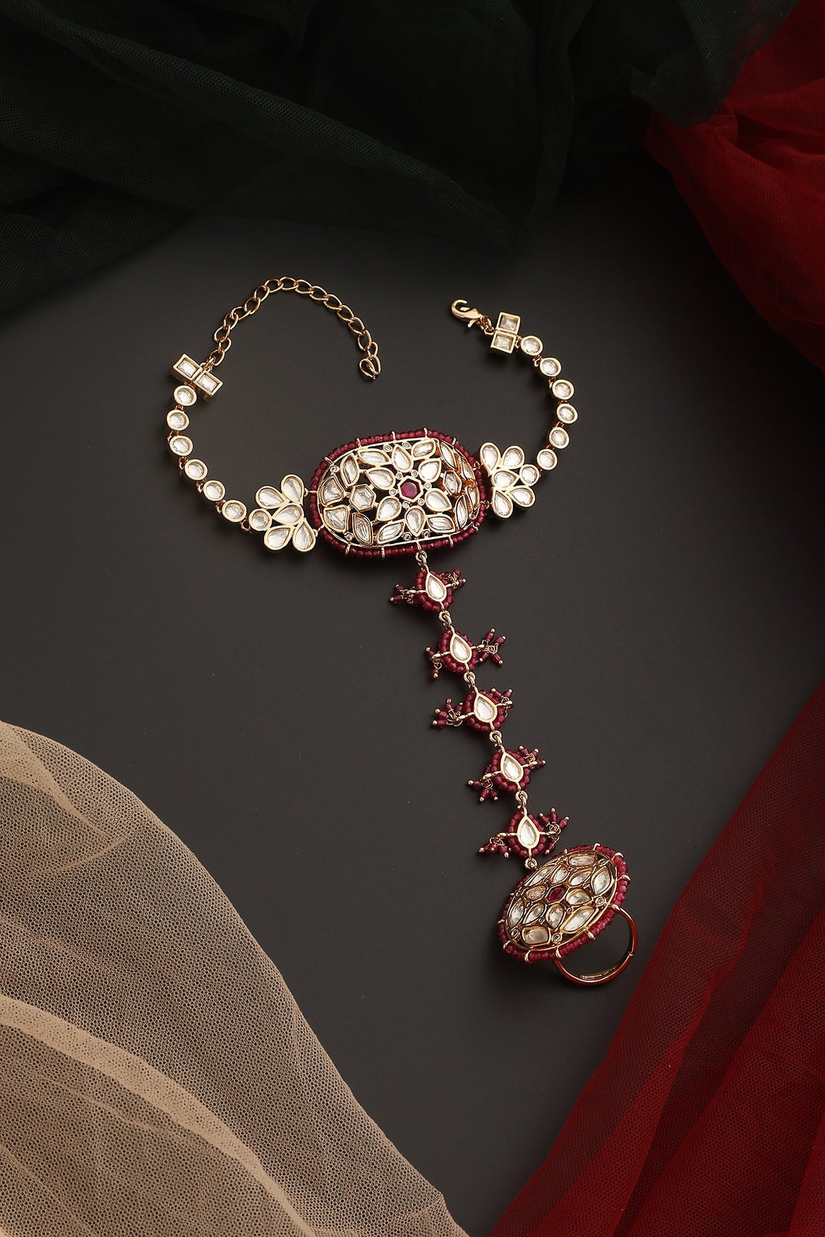 Rose Gold Finish Kundan Polki Hathphool