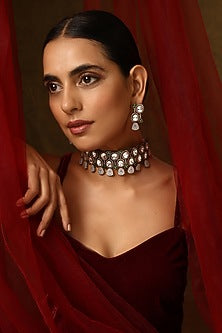 Black Rhodium Finish Kundan Polki Choker Necklace Set