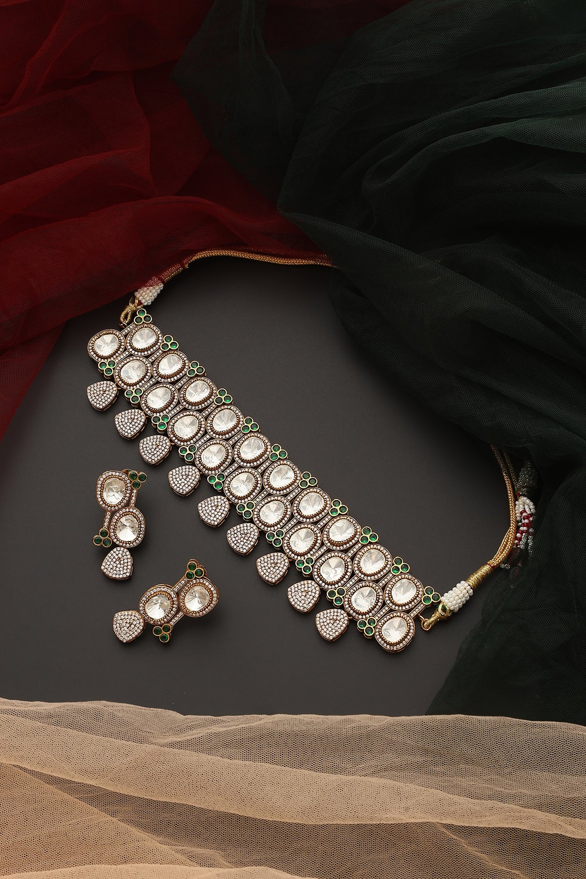 Black Rhodium Finish Kundan Polki Choker Necklace Set