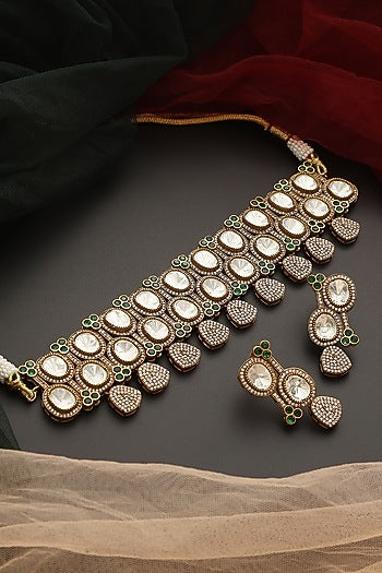 Black Rhodium Finish Kundan Polki Choker Necklace Set