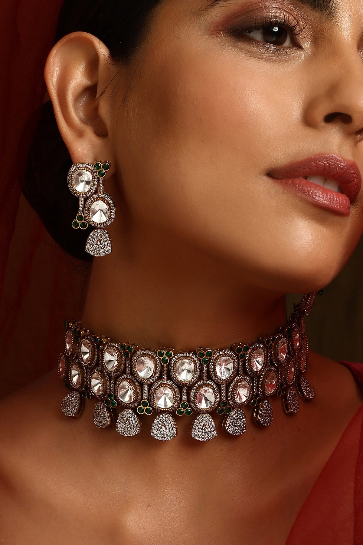 Black Rhodium Finish Kundan Polki Choker Necklace Set