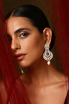 Gold Finish Kundan Polki & Pearl Chandbaali Earrings