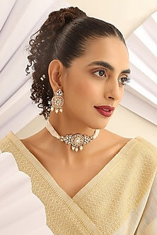 Rose Gold Finish Kundan Polki & Pearl Choker Necklace Set