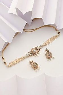 Rose Gold Finish Kundan Polki & Pearl Choker Necklace Set