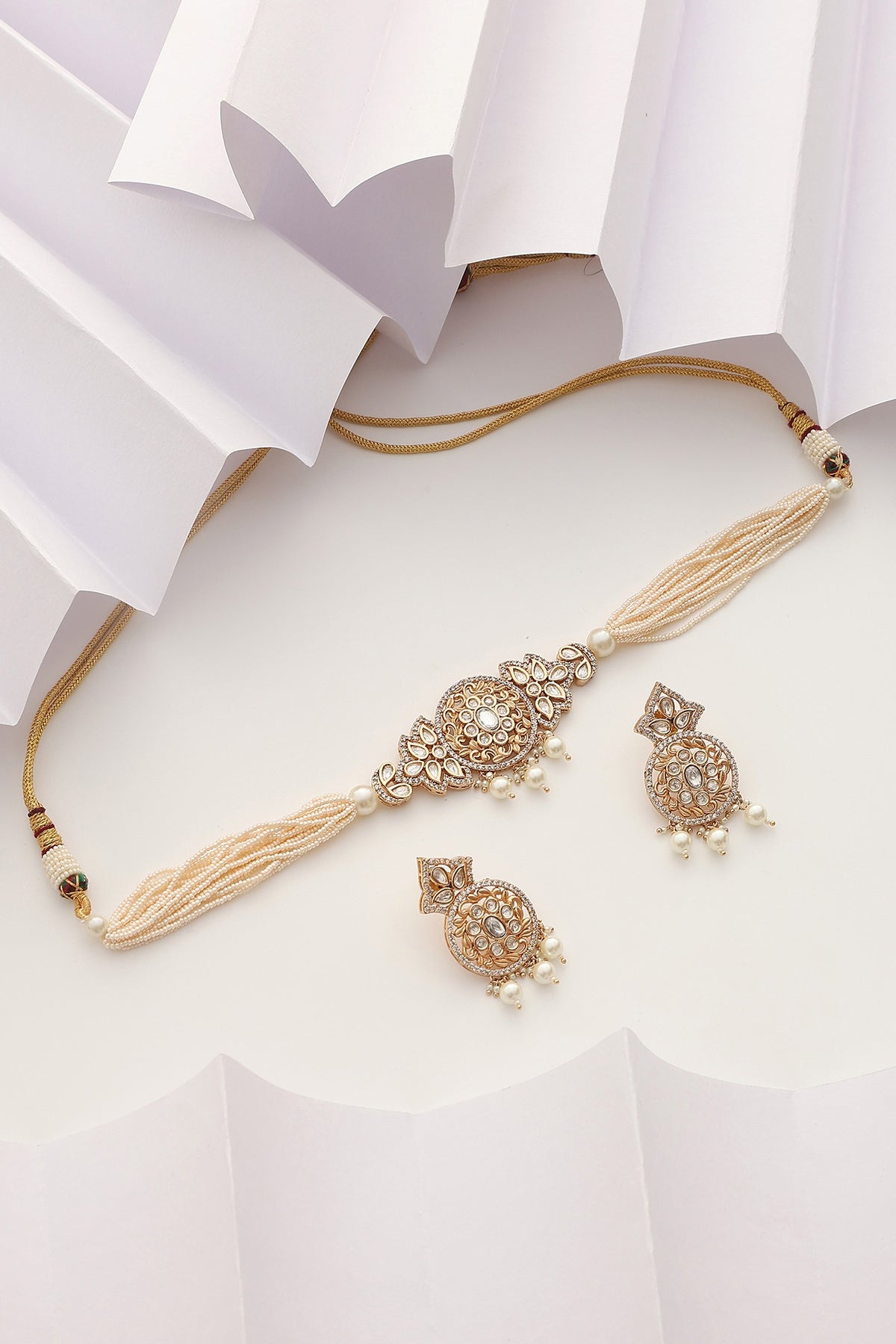 Rose Gold Finish Kundan Polki & Pearl Choker Necklace Set