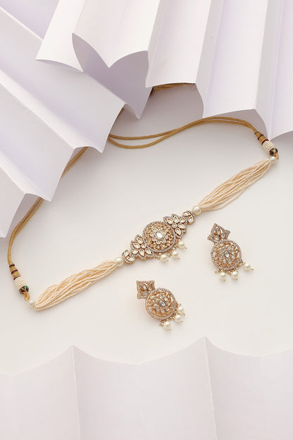 Rose Gold Finish Kundan Polki & Pearl Choker Necklace Set