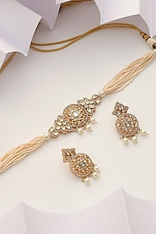 Rose Gold Finish Kundan Polki & Pearl Choker Necklace Set
