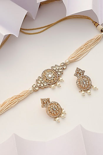 Rose Gold Finish Kundan Polki & Pearl Choker Necklace Set