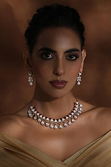 Rose Gold Finish Red Kundan Polki Handmade Necklace Set