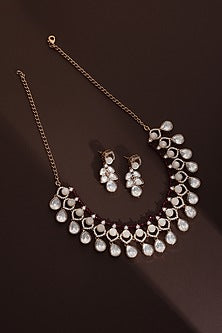 Rose Gold Finish Red Kundan Polki Handmade Necklace Set