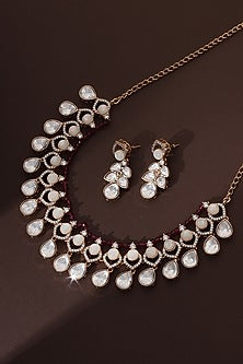 Rose Gold Finish Red Kundan Polki Handmade Necklace Set