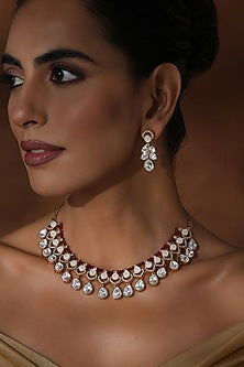Rose Gold Finish Red Kundan Polki Handmade Necklace Set