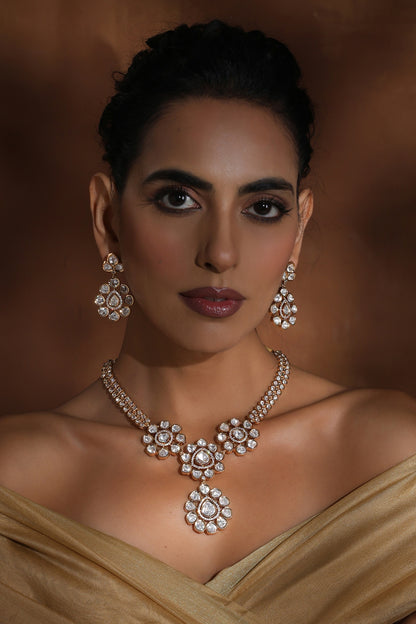 Rose Gold Finish Kundan Polki Handmade Long Pendant Necklace Set