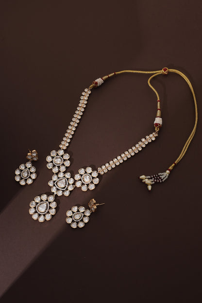 Rose Gold Finish Kundan Polki Handmade Long Pendant Necklace Set