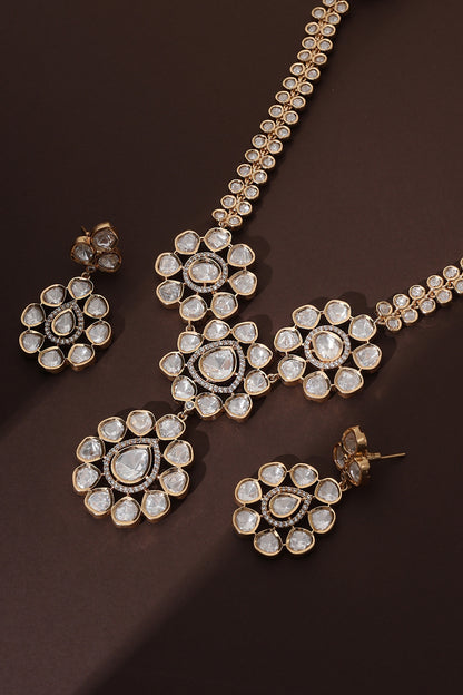 Rose Gold Finish Kundan Polki Handmade Long Pendant Necklace Set