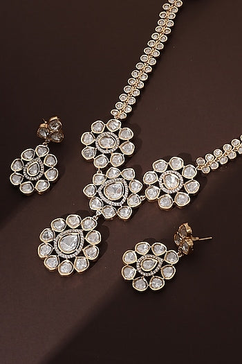 Rose Gold Finish Kundan Polki Handmade Long Pendant Necklace Set