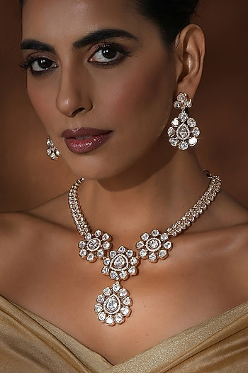 Rose Gold Finish Kundan Polki Handmade Long Pendant Necklace Set