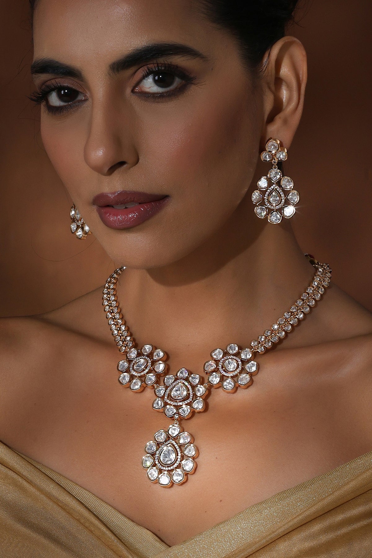 Rose Gold Finish Kundan Polki Handmade Long Pendant Necklace Set