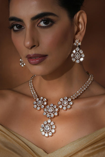 Rose Gold Finish Kundan Polki Handmade Long Pendant Necklace Set