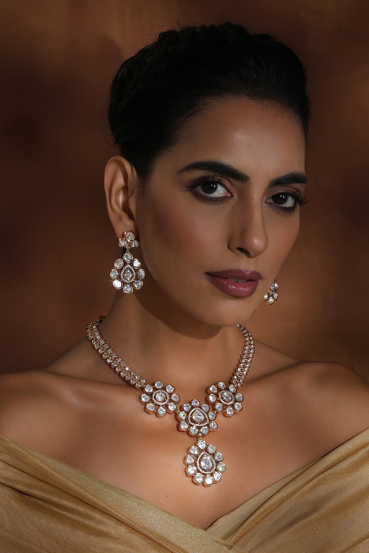 Rose Gold Finish Kundan Polki Handmade Long Pendant Necklace Set