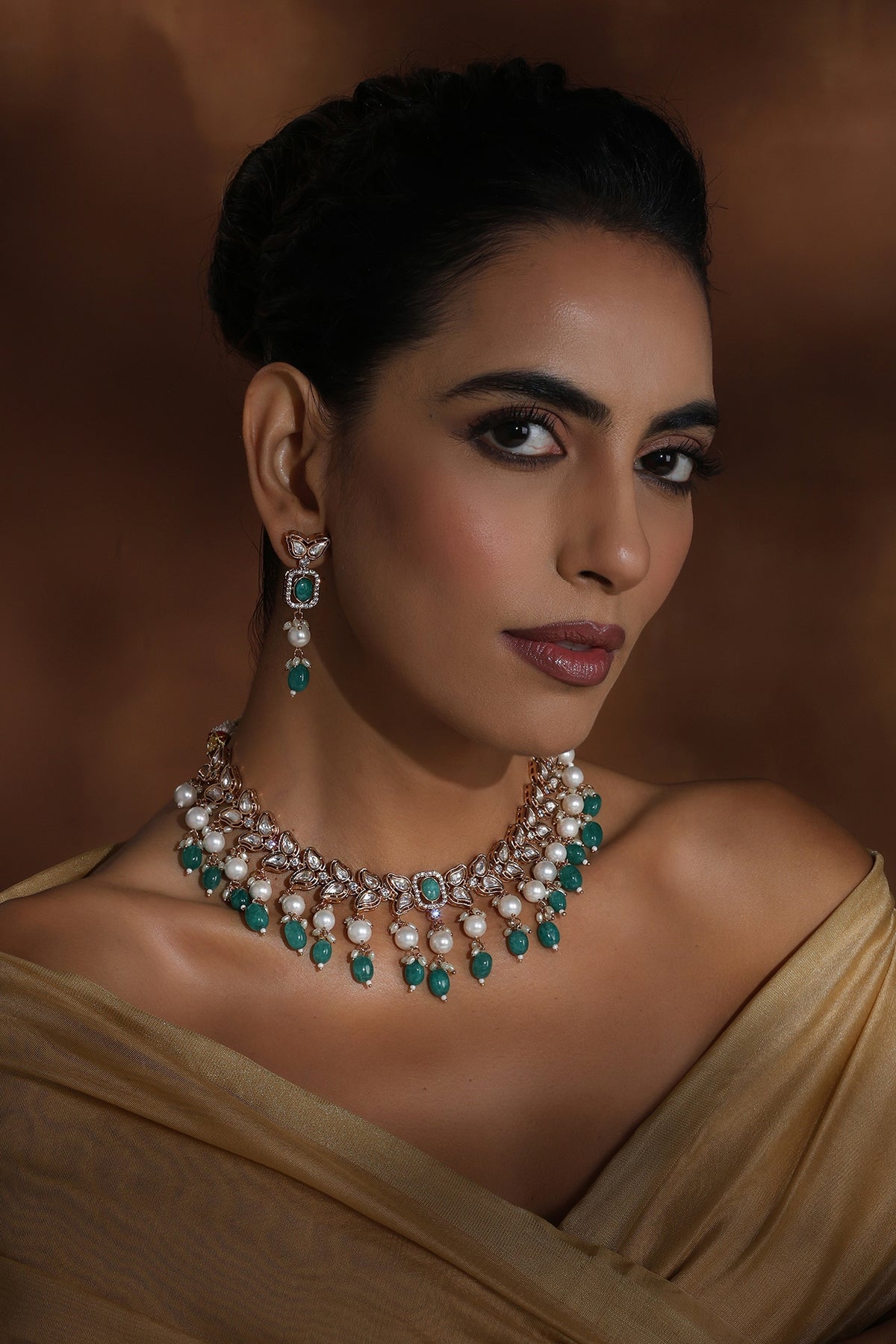 Rose Gold Finish Green Kundan Polki Handmade Necklace Set