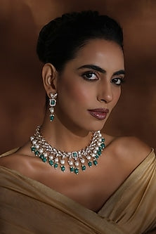 Rose Gold Finish Green Kundan Polki Handmade Necklace Set