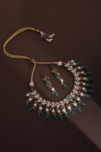 Rose Gold Finish Green Kundan Polki Handmade Necklace Set