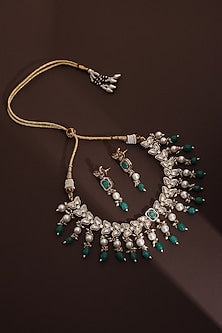 Rose Gold Finish Green Kundan Polki Handmade Necklace Set