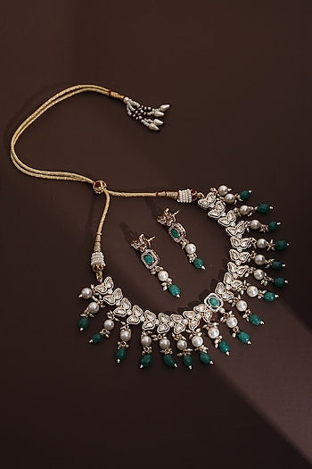 Rose Gold Finish Green Kundan Polki Handmade Necklace Set