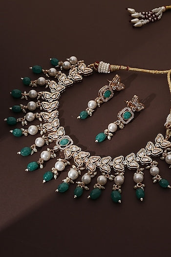 Rose Gold Finish Green Kundan Polki Handmade Necklace Set