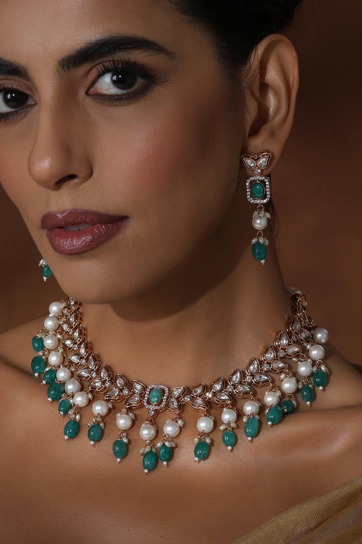 Rose Gold Finish Green Kundan Polki Handmade Necklace Set