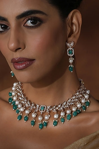 Rose Gold Finish Green Kundan Polki Handmade Necklace Set