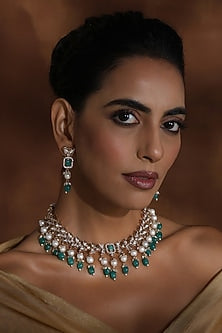 Rose Gold Finish Green Kundan Polki Handmade Necklace Set