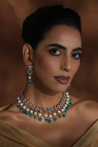 Rose Gold Finish Green Kundan Polki Handmade Necklace Set
