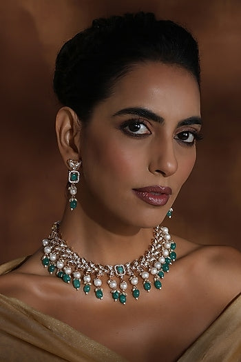 Rose Gold Finish Green Kundan Polki Handmade Necklace Set
