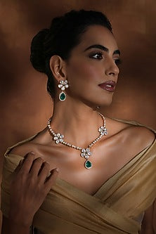 Rose Gold Finish Green Kundan Polki Handmade Long Necklace Set